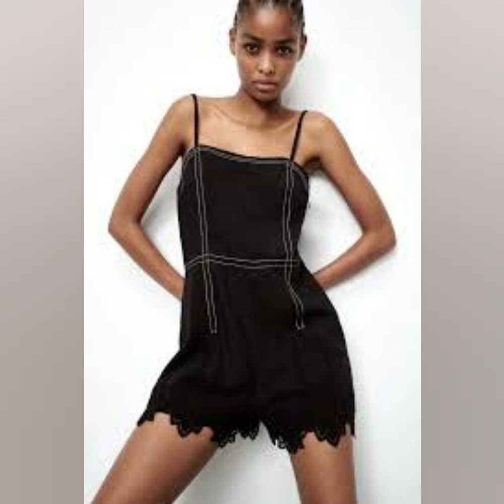 Zara Short Black Jumpsuit with Topstitch Lace Romper NWT, size Small